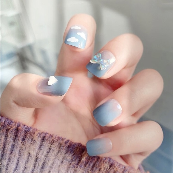 3D bows and heart with white cloud design press on nail - Picture 1 of 3
